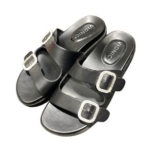 Vionic Capitola Crystal Black Leather Platform Buckle Slide Sandals Womens 6